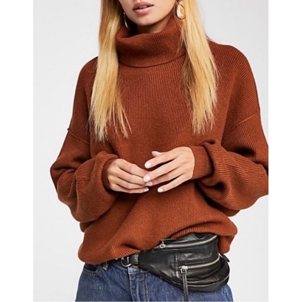 Free People Softly Structured Tunic Sweater Pullover Ribbed Knit Turtleneck
